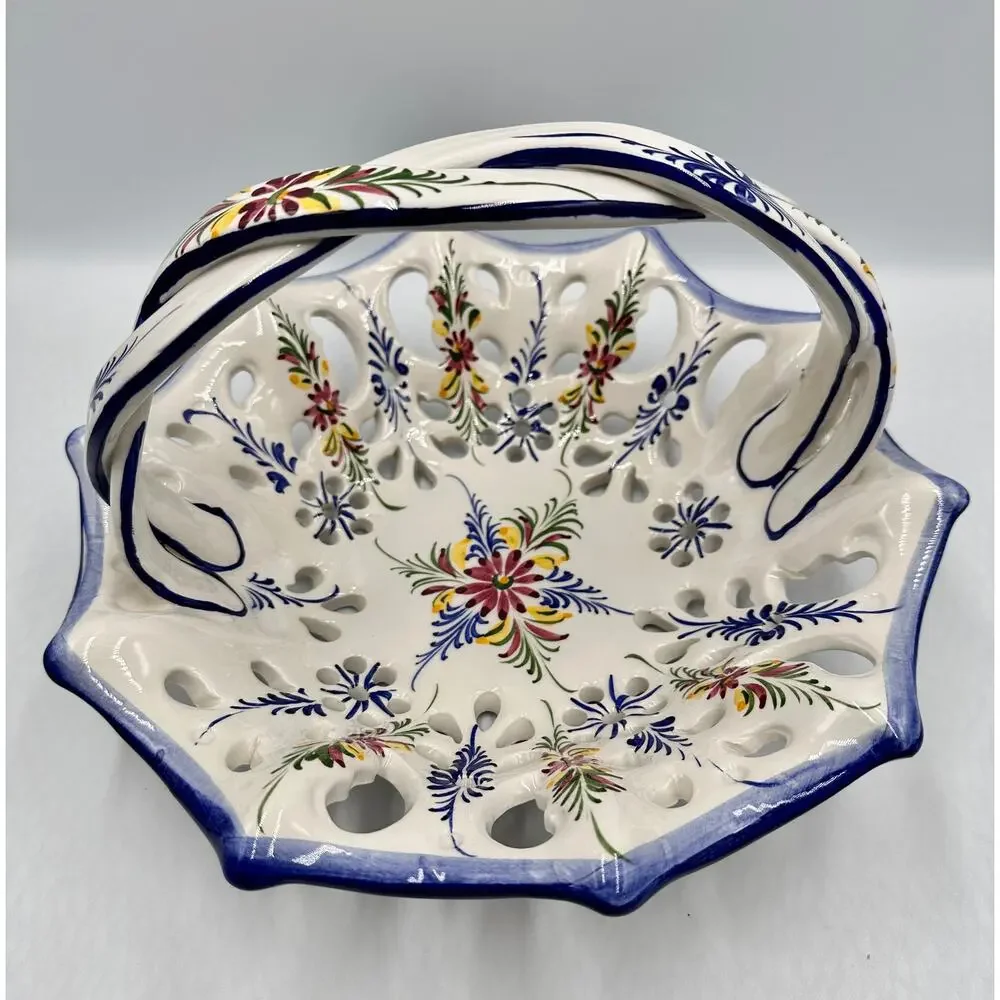 RCCL Ceramic Hand Painted Floral Fruit Basket Braided Handle & Bowl Set Portugal